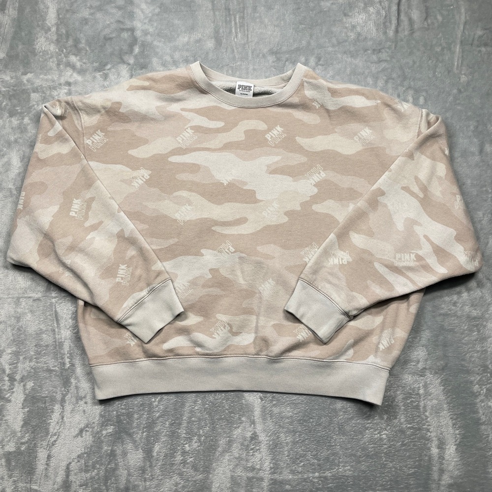 Pink Victoria's Secret Sweatshirt Women Medium Tan Camo Logo Crewneck Pullover